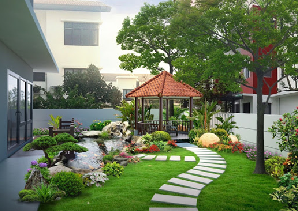 Bạn cũng có thể thiết kế sân vườn biệt thự theo dạng lối đi chính giữa, 2 bên trồng thêm hoa nhiều màu sắc để tạo nên sự sinh động cho sân vườn