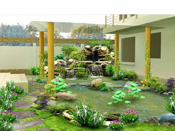 Thiết kế thêm hồ nước, thác nước trong sân vườn cũng là một ý tưởng độc đáo giúp tạo thêm điểm nhấn đặc biệt cho các sân vườn biệt thự
